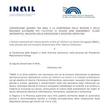 Convenzione Regioni-Inail per sicurezza sul lavoro: potenziamento del Sistema Informativo Nazionale