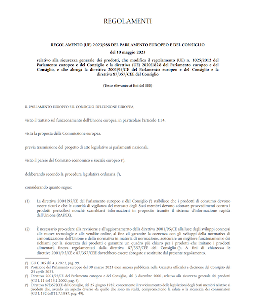 Sicurezza Prodotti UE: nuovo Regolamento (UE) 2023/988 e obblighi Operatori Economici