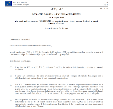 Nuovi Limiti per il Nichel negli Alimenti: Il Regolamento (UE) 2024/1987 e le Implicazioni per la Salute Pubblica