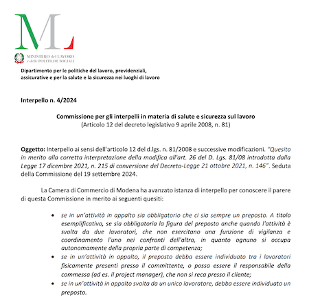 Nuova Risposta a Interpello 4/2024 sul Preposto: Chiarimenti e Obblighi per le Aziende