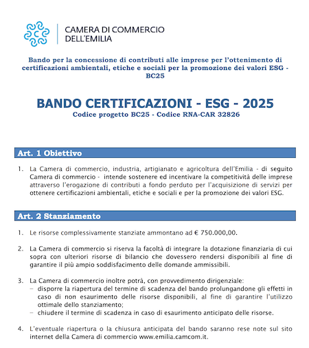 Bando Certificazioni ESG 2025: 750.000 euro a fondo perduto per imprese che puntano a sostenibilità con certificazioni ESG