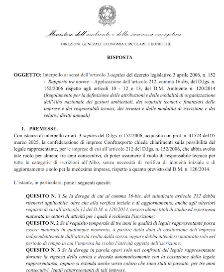 Interpello MASE: quando il responsabile tecnico può beneficiare delle deroghe previste dall’art. 212, comma 16-bis