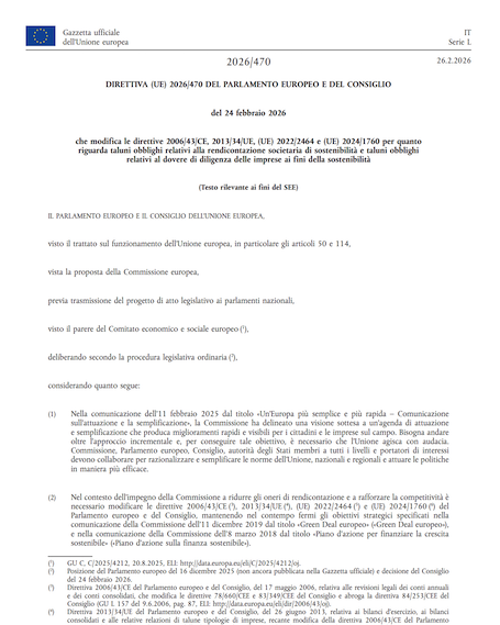 Direttiva (UE) 2026/470: Nuovi Limiti ESG e Semplificazione CSRD