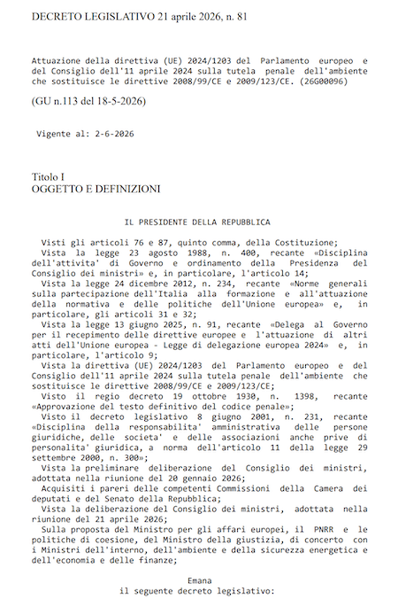 Reati Ambientali e Responsabilità Penale d'Impresa: Guida al Nuovo D.Lgs 81/2026 e alle Direttive Europee