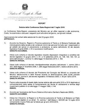 Seduta Conferenza Stato Regioni 7 luglio 2016