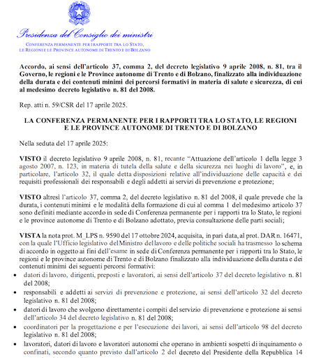 Approvato il nuovo Accordo Stato-Regioni 2025 sulla Formazione in Salute e Sicurezza