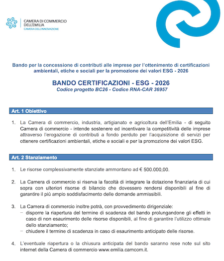 Bando ESG 2026 Emilia: contributi a fondo perduto fino al 50% per le tue certificazioni