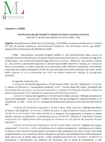 Interpello 2/2023: obbligo datore di lavoro nomina medico competente