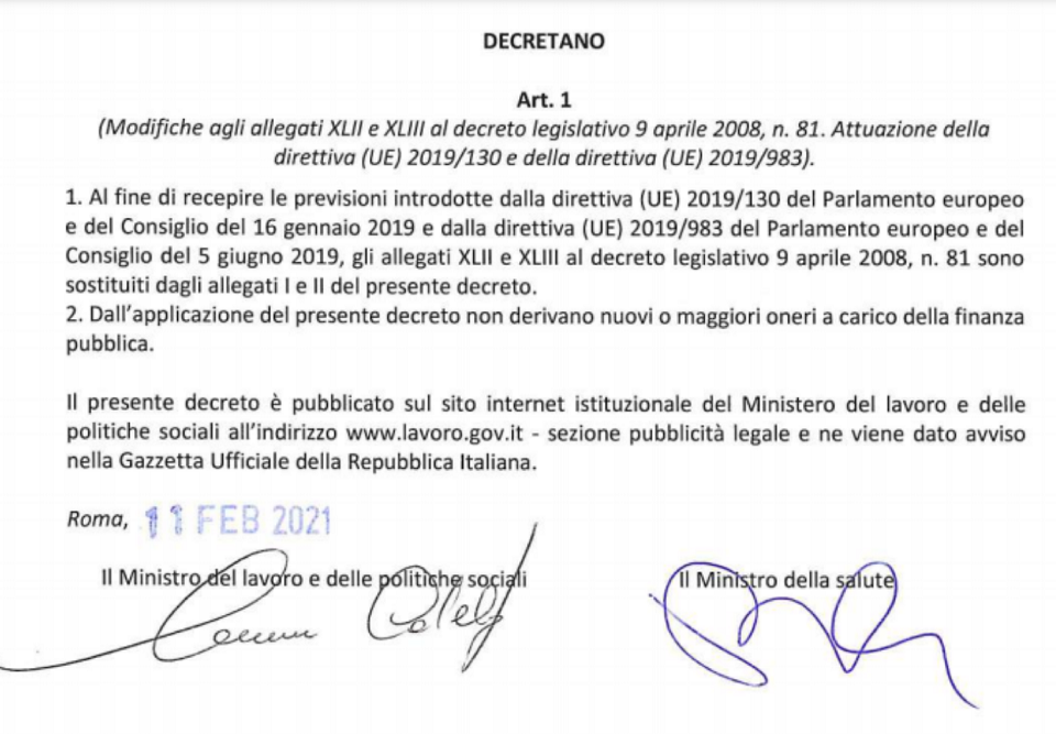 Decreto salute sicurezza ambienti di lavoro dell'11 febbraio 2021